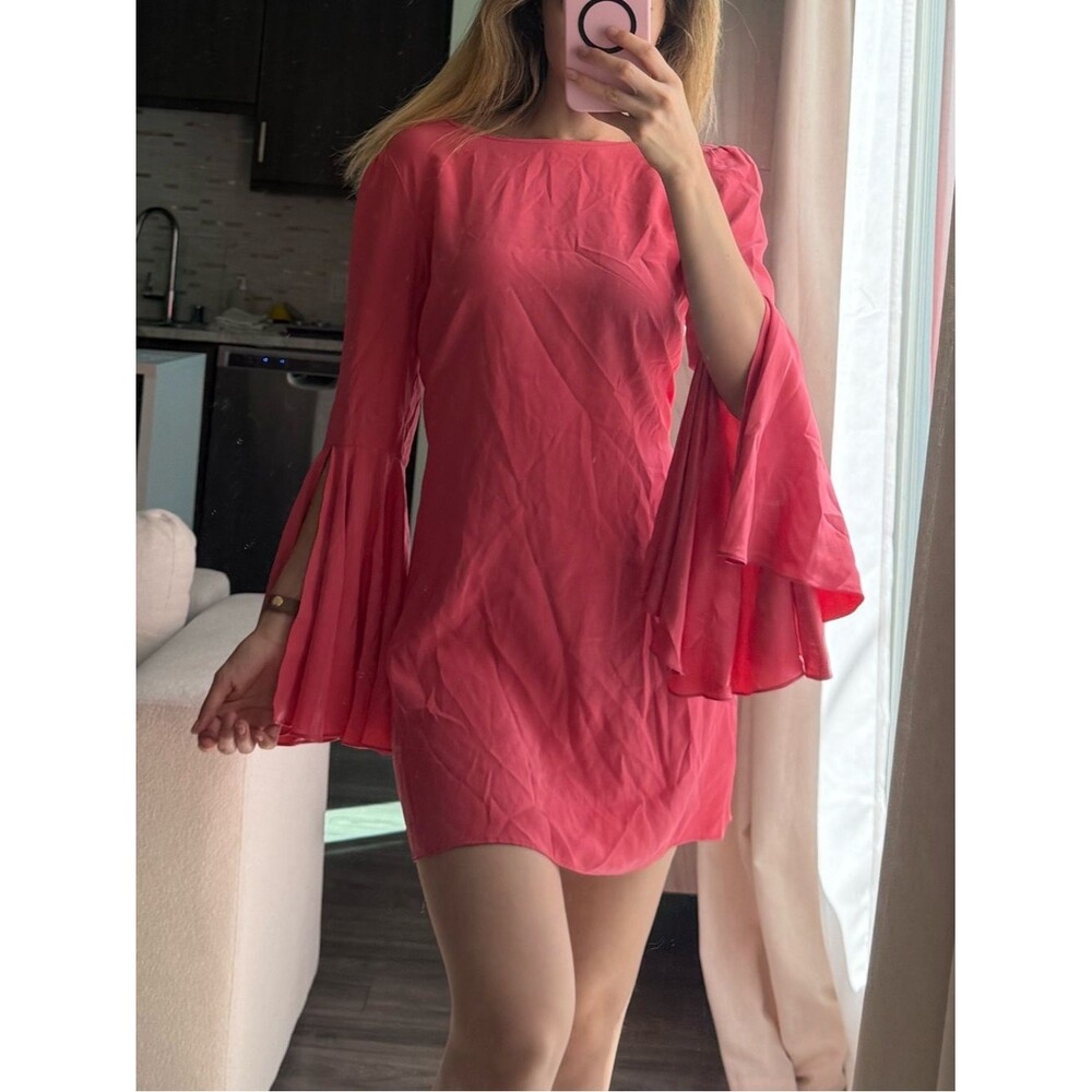 Elizabeth and James Bell Sleeve Mini Silk Dress Pink Mod GoGo Party Dress XS